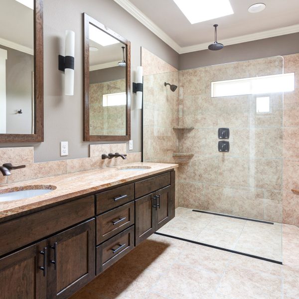 Full custom bathroom with heated floor and rain shower